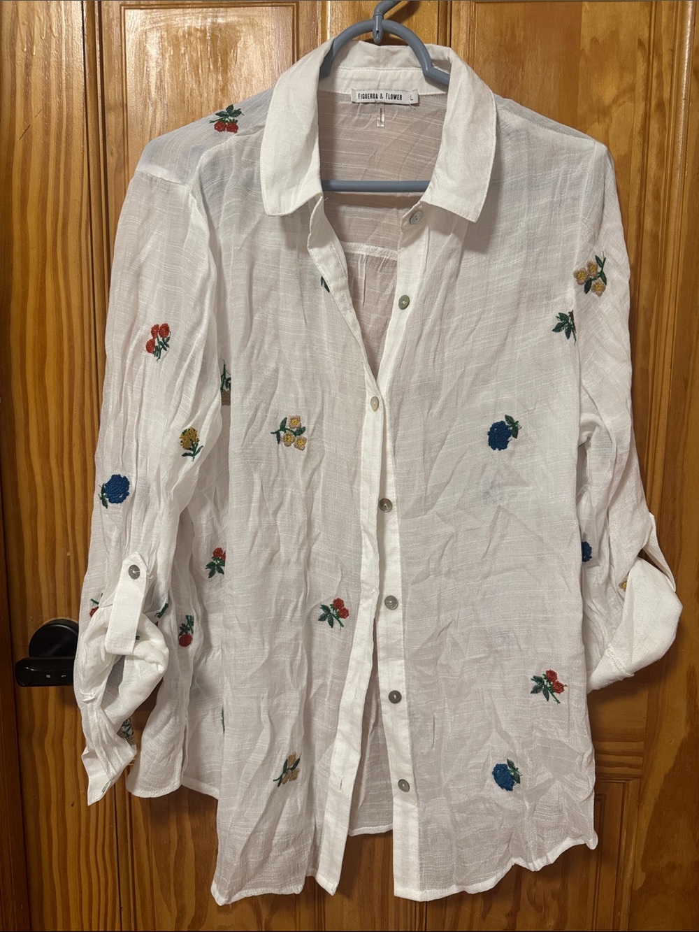 Figueroa & Flower White Button-Down Shirt with Multicolor Floral Embroidery